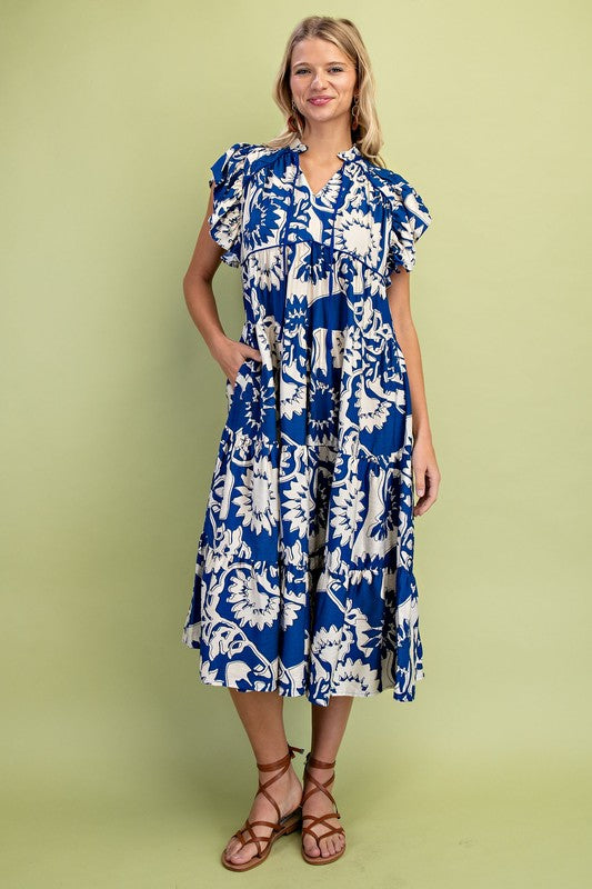 1409 Flower Print Ruffle Sleeve Midi Dress