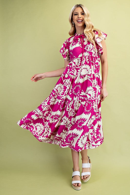 1409 Flower Print Ruffle Sleeve Midi Dress