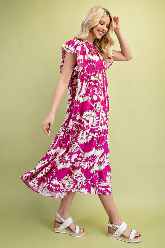 1409 Flower Print Ruffle Sleeve Midi Dress