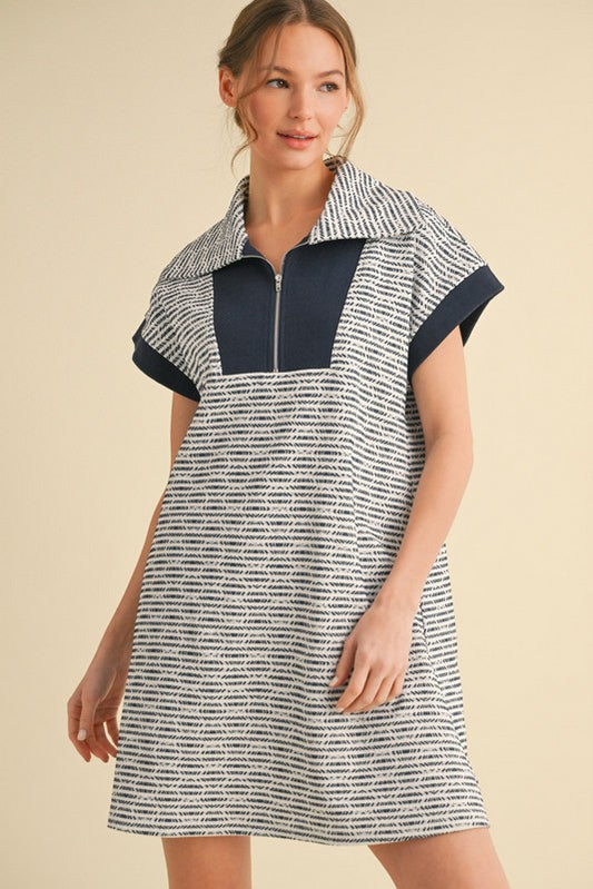 1363 Zipper Big Collar Navy Dress