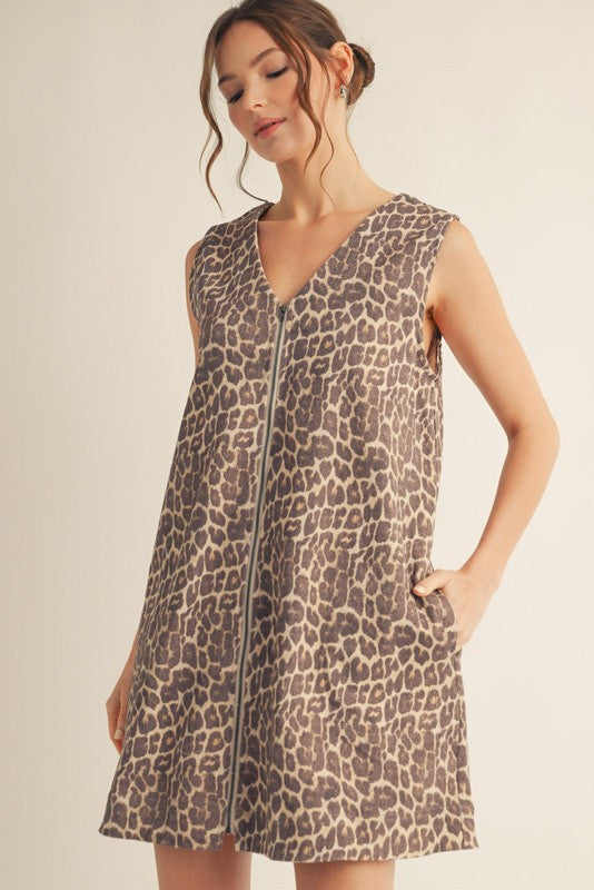 1422 Animal Print Zipper Sleeveless Dress