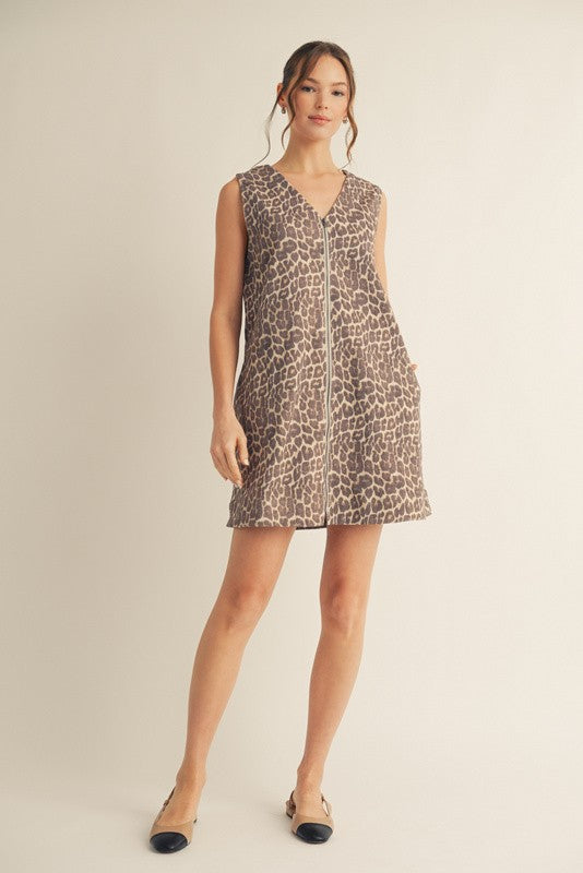 1422 Animal Print Zipper Sleeveless Dress