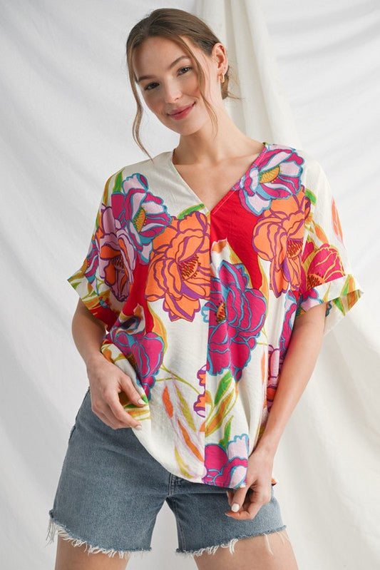 1561 V-Neck Red Flowers Shirt