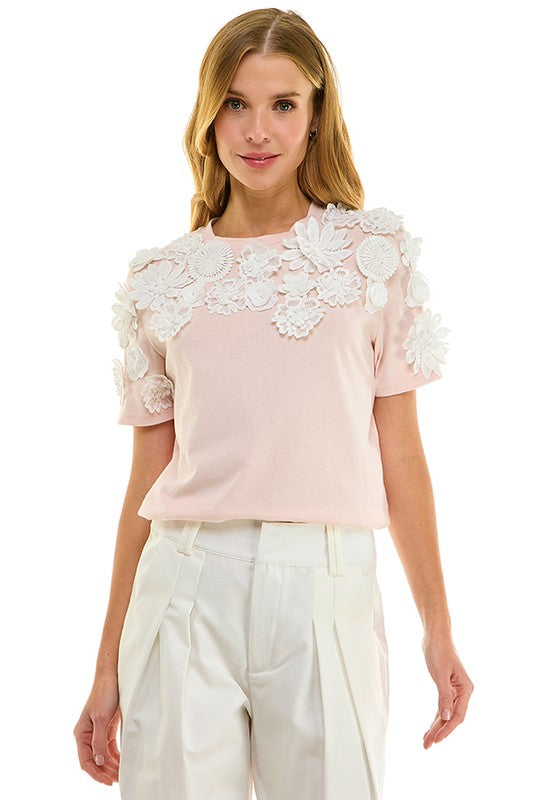 2034 Lace Applique Pink T-Shirt