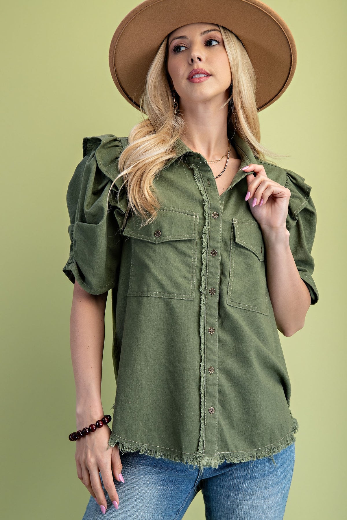 2730 Button Down Shirt With Ruffle Sleeve