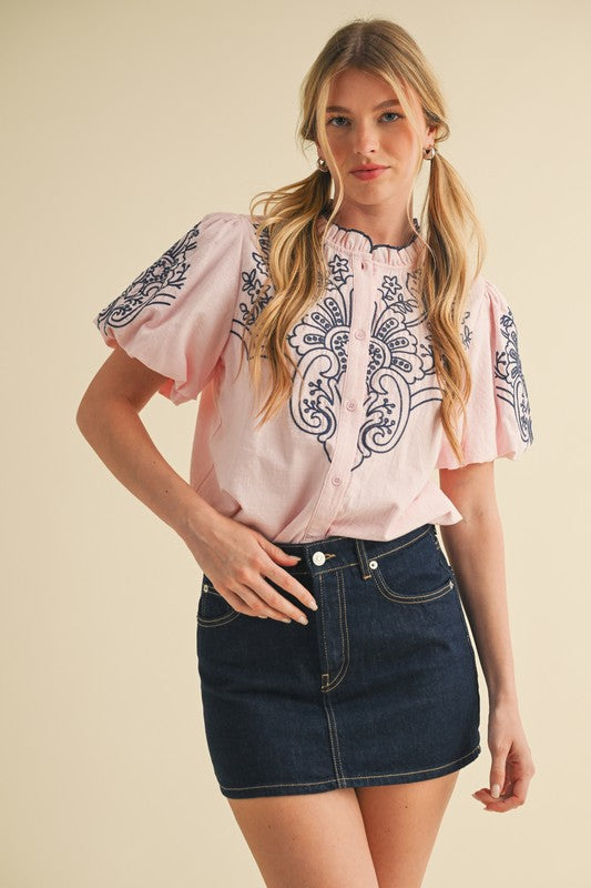 1546 Bubble Sleeve Pink With Embroidered Navy Top