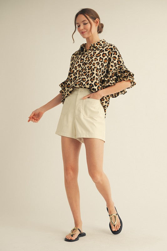 1502 Animal Print Button Down Ruffle Sleeve Top