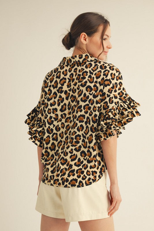 1502 Animal Print Button Down Ruffle Sleeve Top