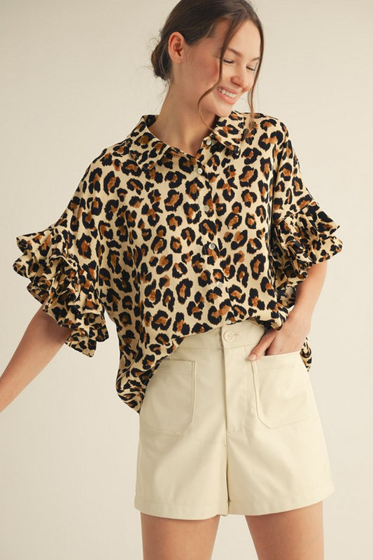 1502 Animal Print Button Down Ruffle Sleeve Top