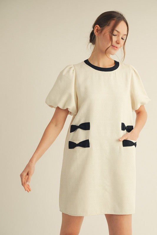 1495 Bone White Black Bow Dress