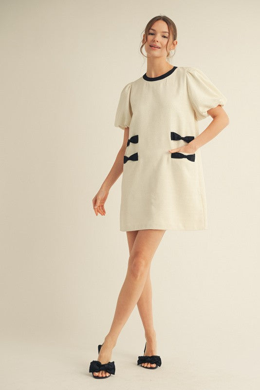 1495 Bone White Black Bow Dress
