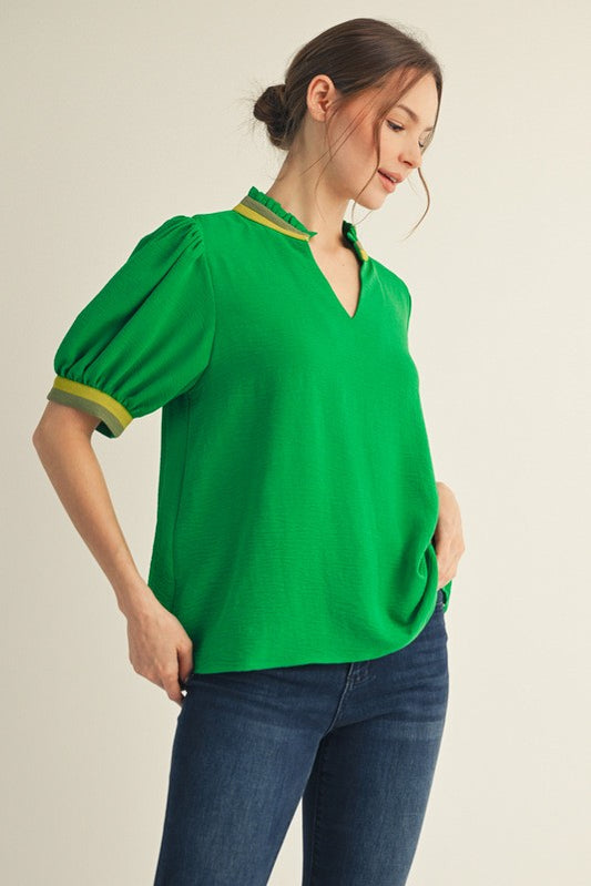 1521 Green Striped Collar Top