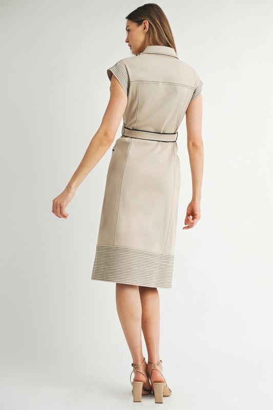 1576 Camel With Black Details Belted Midi Dress