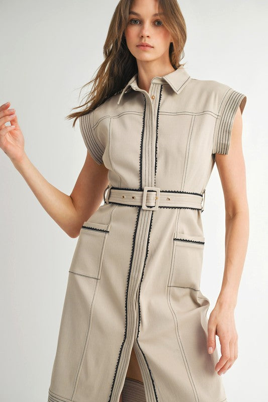 1576 Camel With Black Details Belted Midi Dress