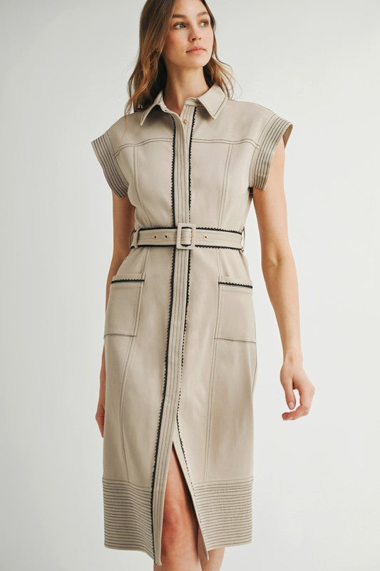 1576 Camel With Black Details Belted Midi Dress