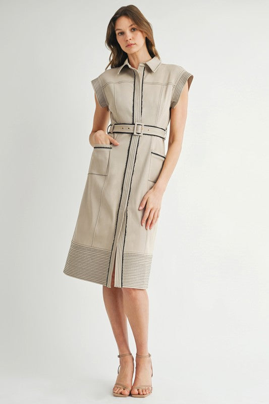 1576 Camel With Black Details Belted Midi Dress