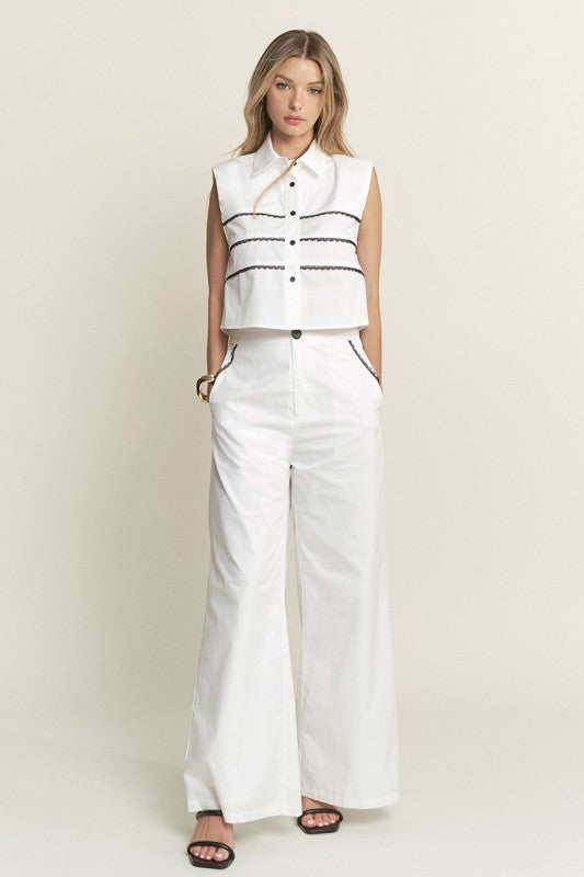 2142 White With Black Trim Pant Set