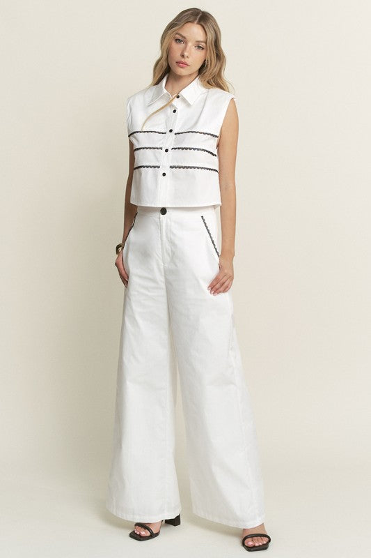 2142 White With Black Trim Pant Set