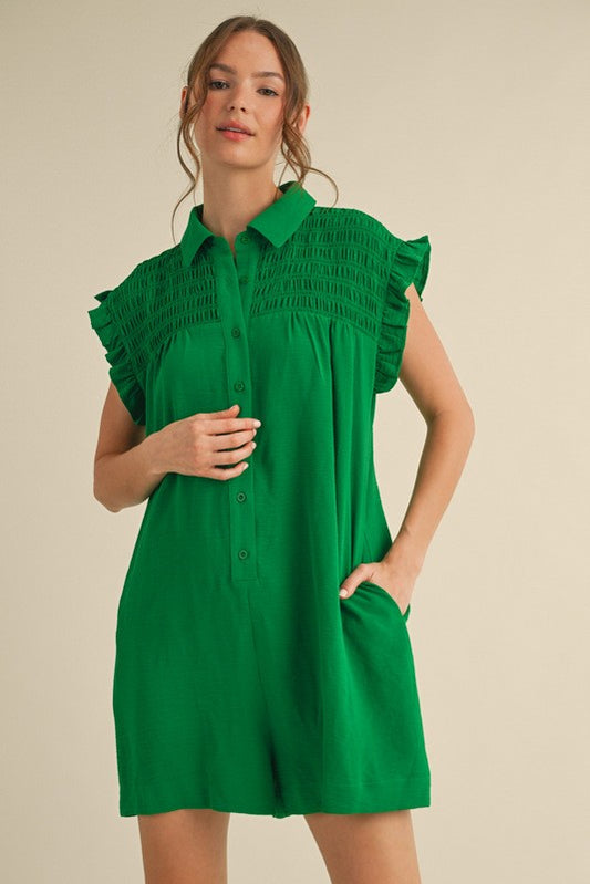 1497 Sleeveless Ruffle Button Down Romper