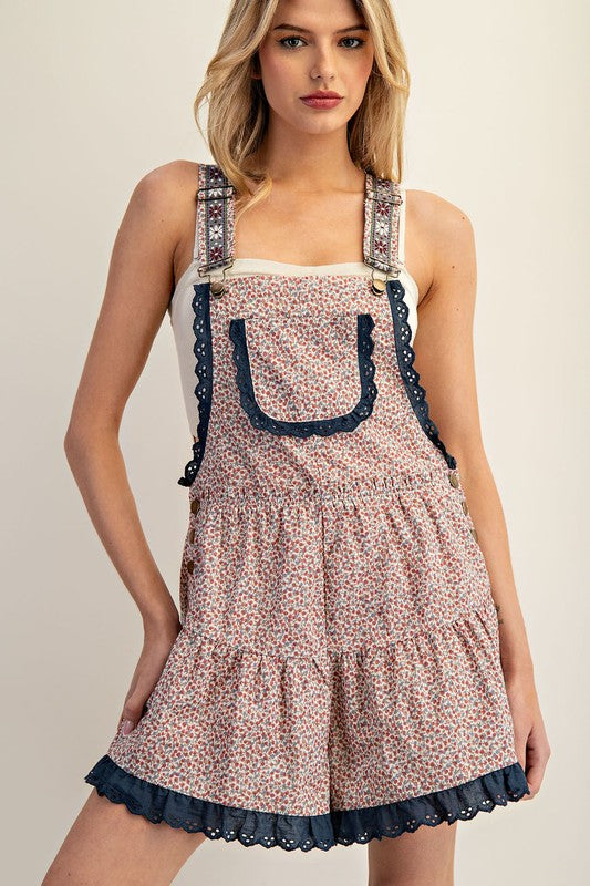 1617 Floral Printed Lace Trim Romper