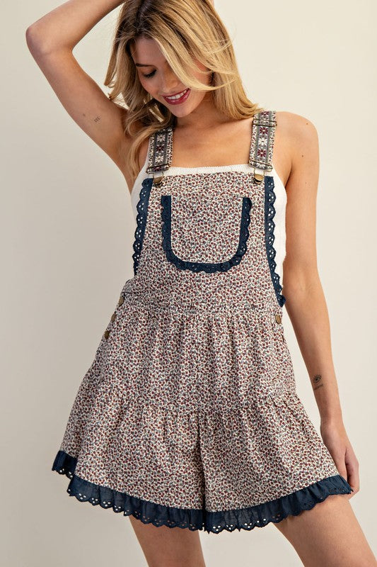 1617 Floral Printed Lace Trim Romper