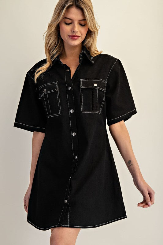 1642 Black Button Down Contrast Stitch Mini Dress
