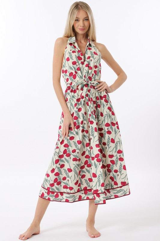 1531 Red Flowers Halter Midi Dress