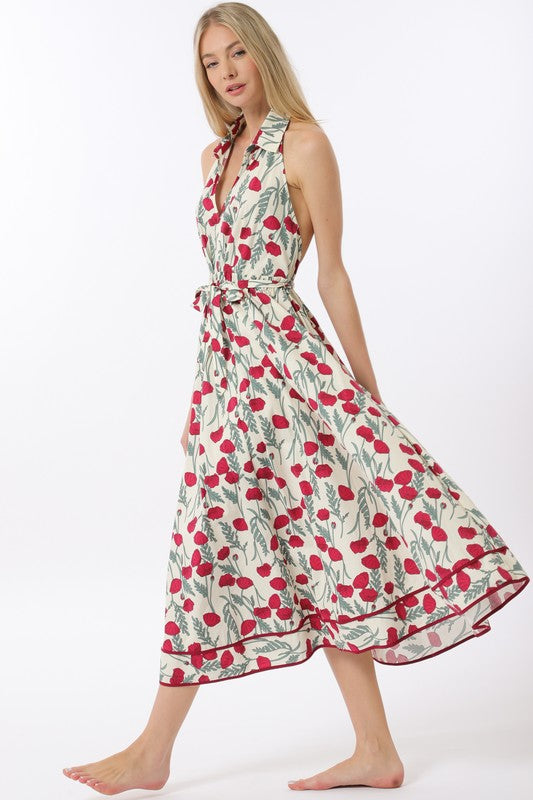 1531 Red Flowers Halter Midi Dress