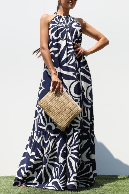 1607 Navy Print Halter Maxi Dress