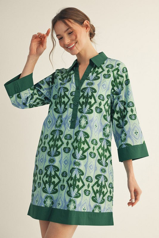1719 3/4 Sleeve Print Dress