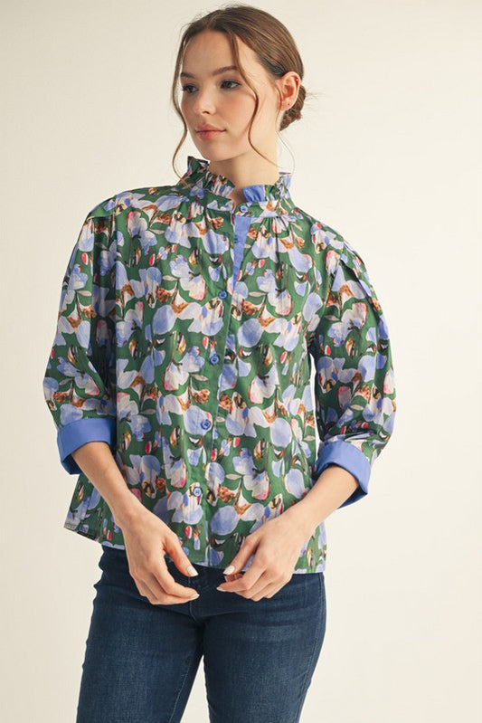 1649 Button Down Blue & Green Print Shirt