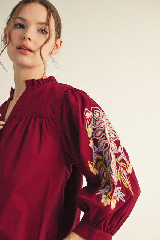 1730 Burgundy 3/4 Embroidered Sleeve Top