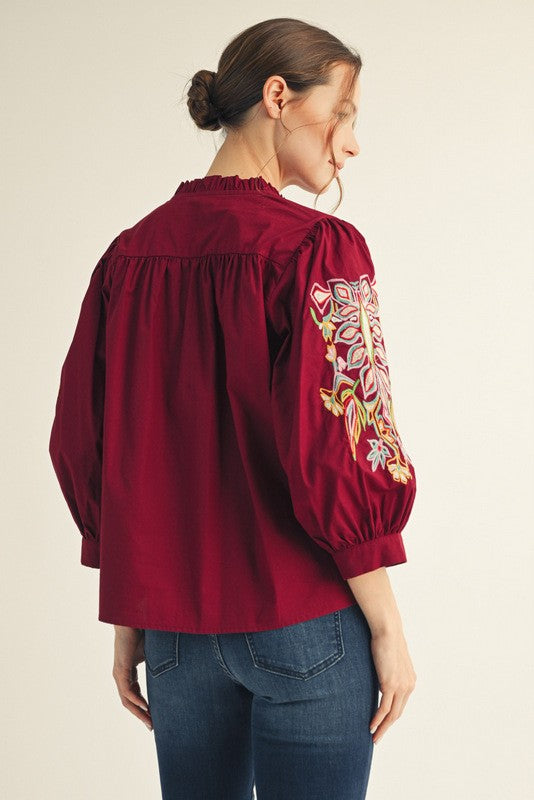 1730 Burgundy 3/4 Embroidered Sleeve Top