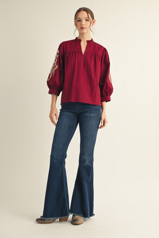 1730 Burgundy 3/4 Embroidered Sleeve Top