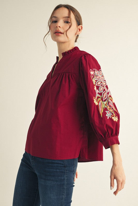 1730 Burgundy 3/4 Embroidered Sleeve Top