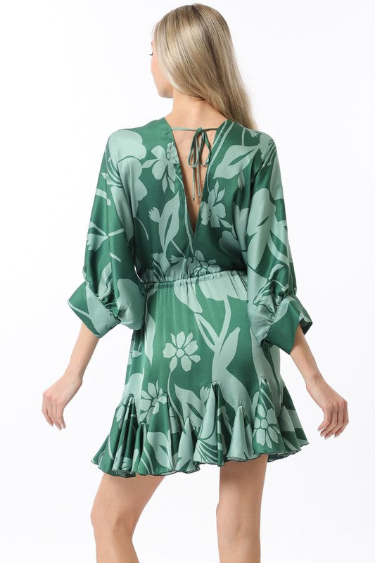 1643 Satin Print V-Neck Dress