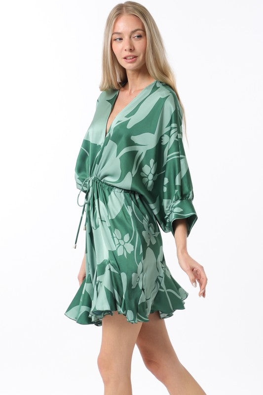 1643 Satin Print V-Neck Dress