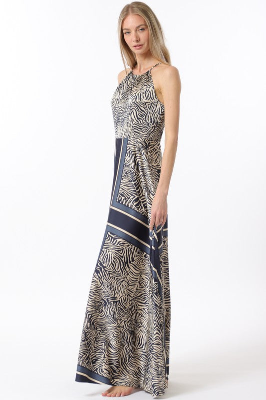 1575 Halter Navy Zebra Print Maxi Dress