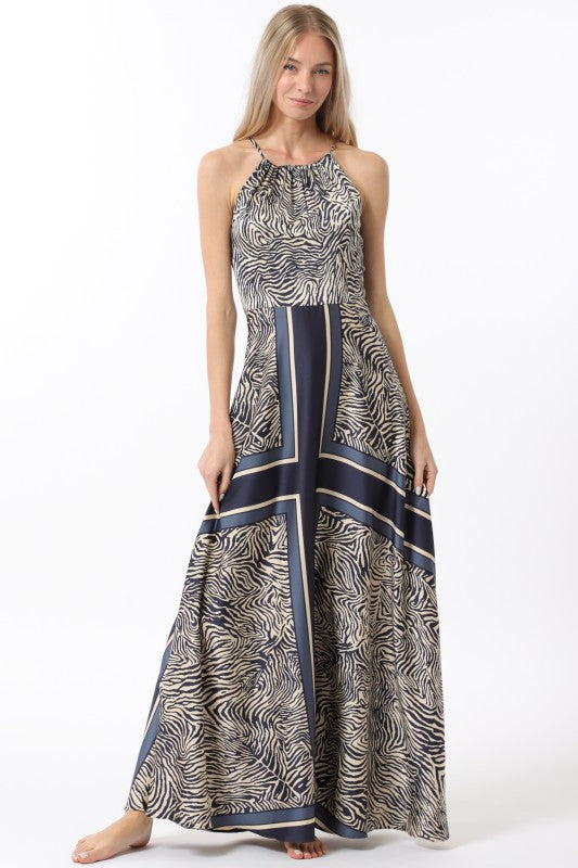 1575 Halter Navy Zebra Print Maxi Dress