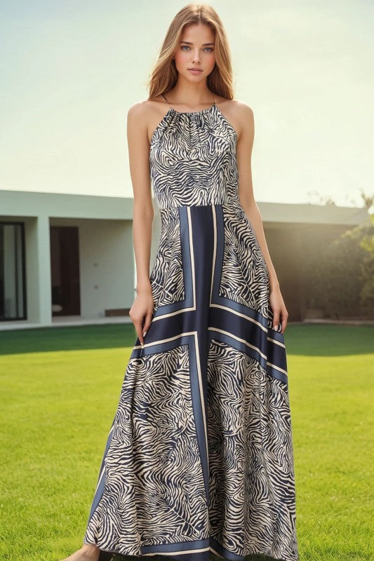 1575 Halter Navy Zebra Print Maxi Dress