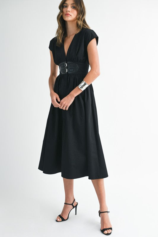 1903 Black Belted Midi Dress