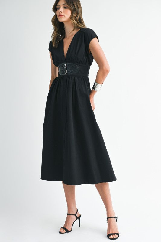 1903 Black Belted Midi Dress