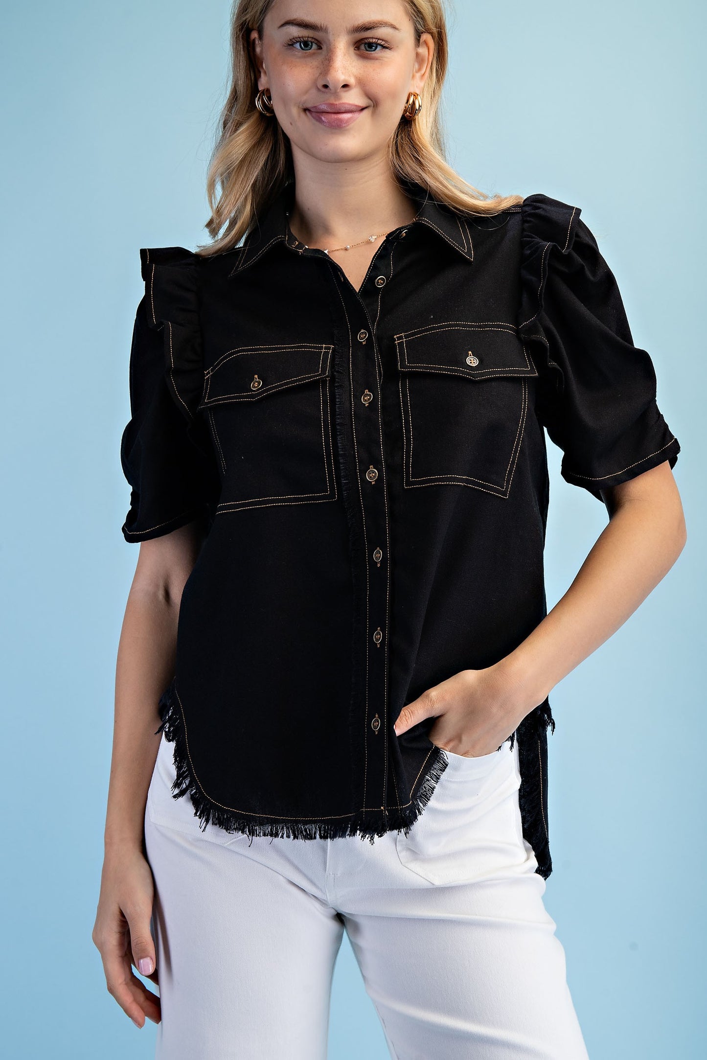 2320 Ruffle Button Down Shirt