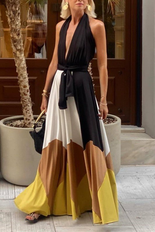 1612 Halter Color Block Maxi Dress