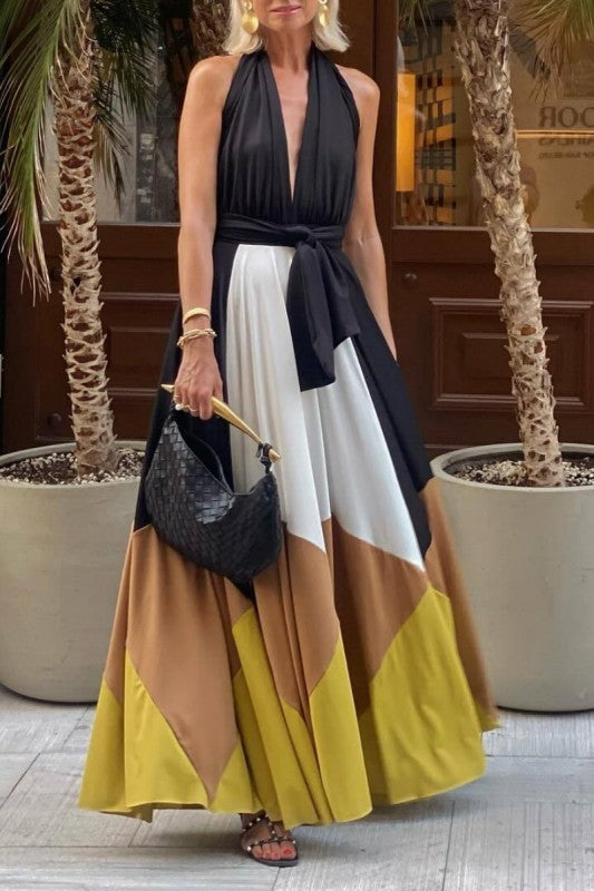 1612 Halter Color Block Maxi Dress