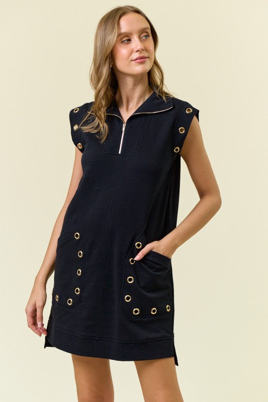 1620 Black Grommet Detail Pocket Zipper Dress