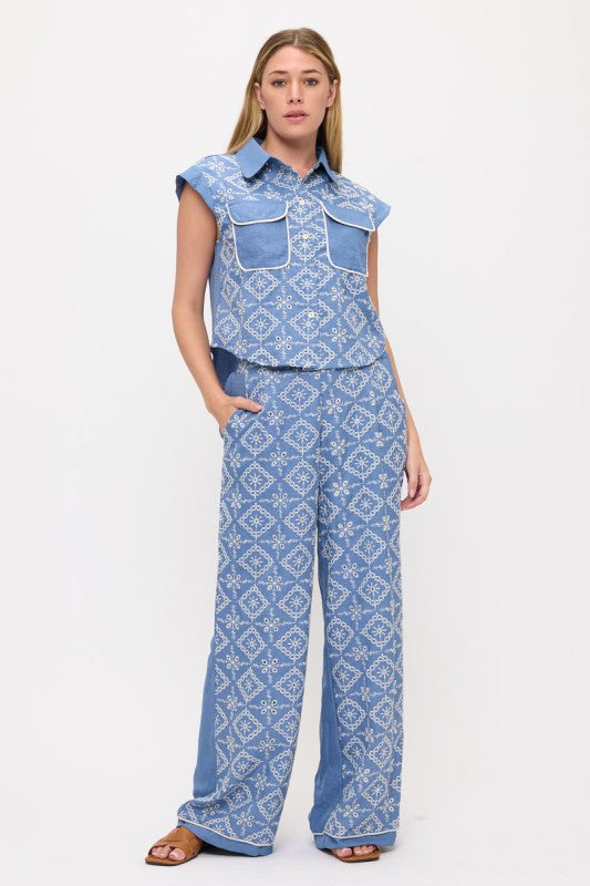 1579 Blue Embroidered Fabric Pant Set