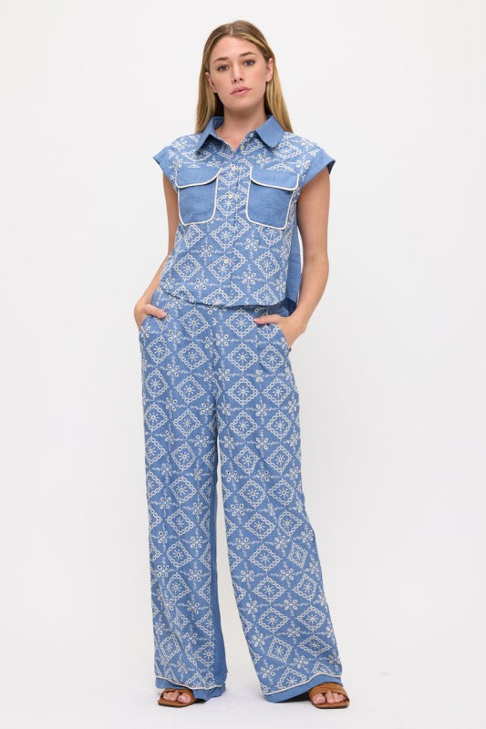 1579 Blue Embroidered Fabric Pant Set