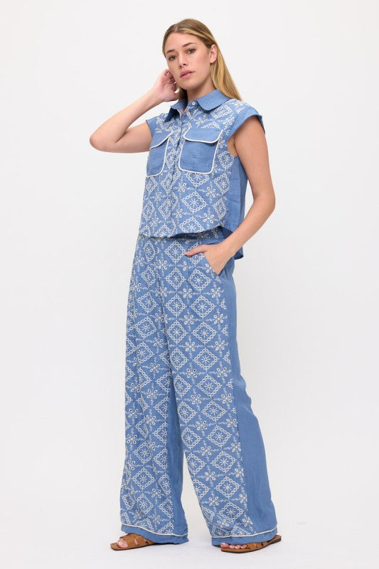 1579 Blue Embroidered Fabric Pant Set