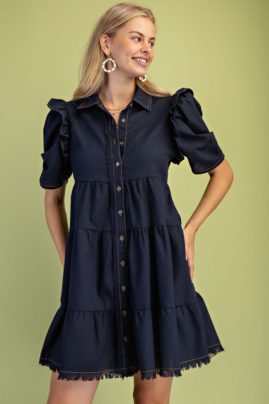 2267 Navy Ruffle Sleeve Button Down Dress